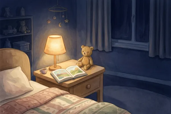 Nachttischlampe und aufgeschlagenes Buch am Bett – Szene für Gute-Nacht-Kindergeschichten