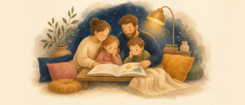 Kindergeschichten zum Vorlesen: gemütliche Leseecke mit aufgeschlagenem Bilderbuch, Kissen und warmem Licht