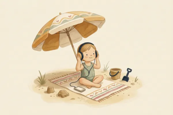 Ein Kind hört im Urlaub im Schatten eine Geschichte – Kindergeschichten
