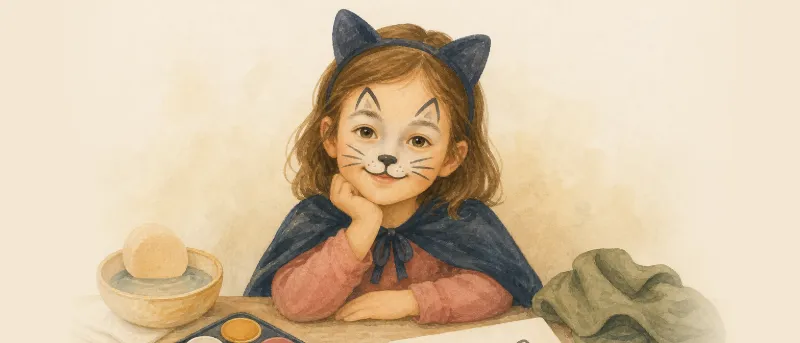 Kinderschminken-Vorlagen: fertig geschminktes Katzenmotiv als gezeichnete Illustration, Titelbild der Anleitung