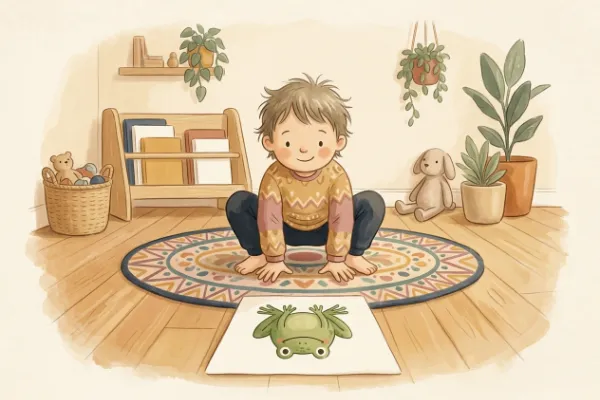 Kinderyoga: Ein Kind übt eine Tierhaltung als Frosch auf einer Matte vor einer Bildkarte mit einem Frosch
