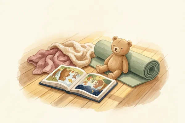 Kinderyoga-Buch mit Tiergeschichte liegt neben Kuscheltier und Decke für eine Übung