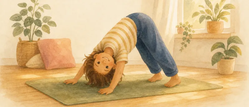 Kinderyoga: Kind macht auf einer Matte die Haltung eines Hundes nach – Titelbild zum Überblick über Kinderyoga-Ideen