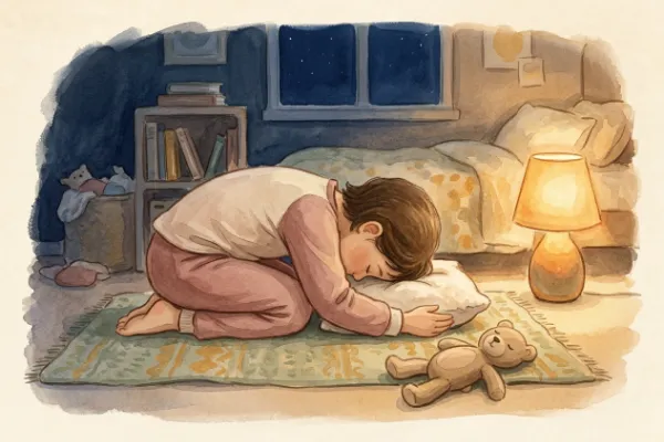 Illustration: Kind im Fersensitz mit Stirn auf einem Kissen vor dem Schlafengehen