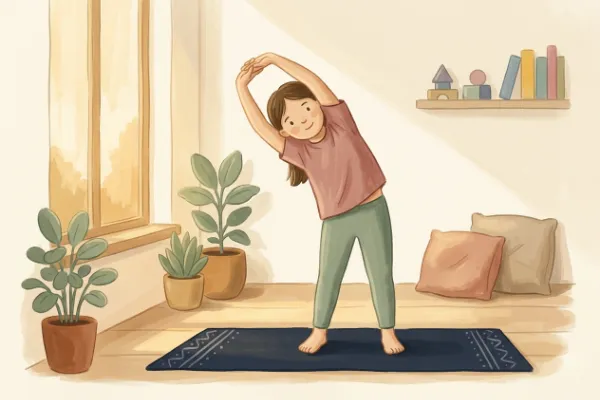 Illustration: Kind steht aufrecht mit gestreckten Armen und beugt sich wie ein Baum im Wind zur Seite