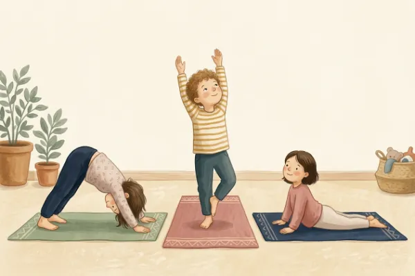 Illustration: Drei Kinder zeigen nebeneinander Hund, Baum und Kobra bei Kinderyoga-Übungen