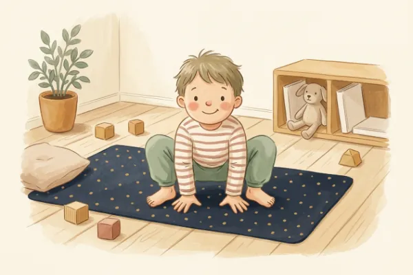 Illustration: Kind in der Froschhocke mit kleinen Sprüngen auf der Matte