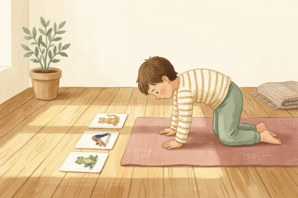 Illustration: Drei Übungskarten liegen als Reihe auf dem Boden, Kinder üben die Folge nach