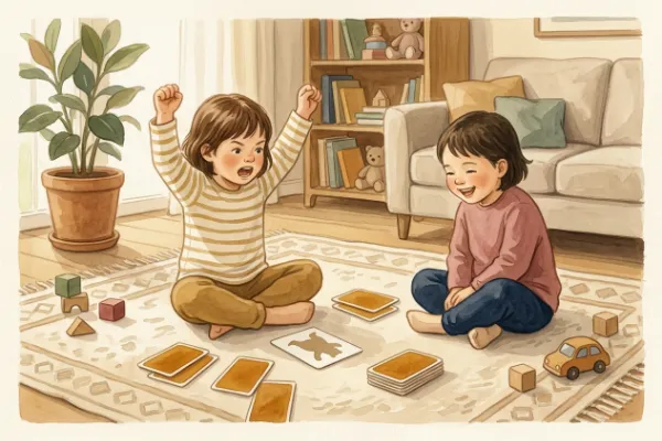Illustration: Kinder ziehen verdeckte Übungskarten und zeigen die Figuren vor