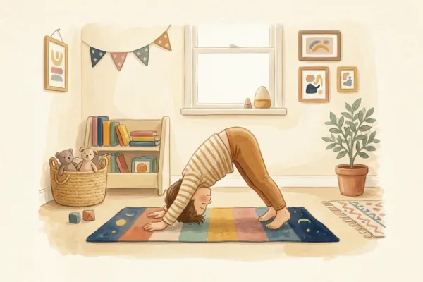 Illustration: Kind auf der Matte im umgekehrten V als Hund bei Kinderyoga-Übungen