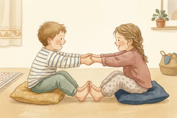 Illustration: Zwei Kinder sitzen sich mit Fußsohlen aneinander gegenüber und rühren im Kochtopf
