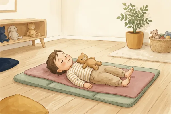 Illustration: Kind liegt auf dem Rücken, Kuscheltier auf dem Bauch, hebt und senkt sich beim Atmen