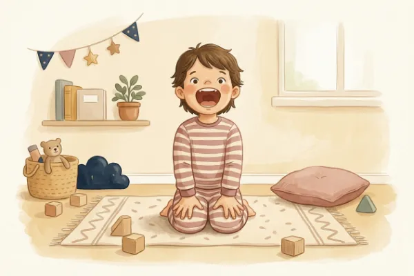 Illustration: Kind sitzt aufrecht und brüllt mit weit geöffnetem Mund wie ein Löwe