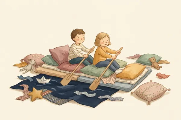 Illustration: Kinder rudern als Seefahrer im Ruderboot über die See