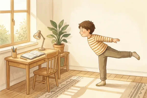 Illustration: Kind macht im Stehen eine kurze Balance-Übung als Bewegungspause