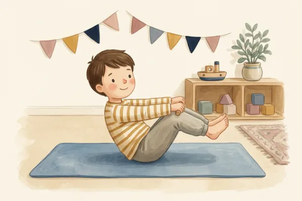 Illustration: Kind balanciert auf dem Po, hebt die Beine an und rudert mit den Armen