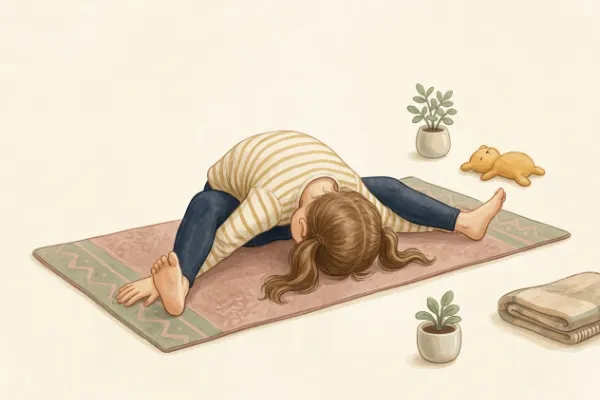 Illustration: Kind in der Schildkrötenhaltung mit Händen unter den Waden und eingezogenem Kopf