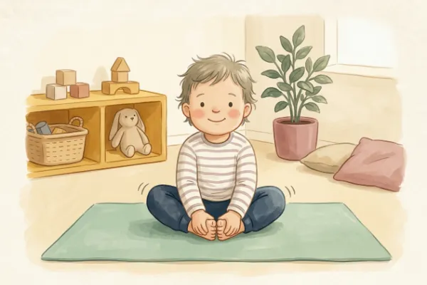 Illustration: Kind im Schmetterlingssitz, Fußsohlen aneinander, Knie flattern wie Flügel