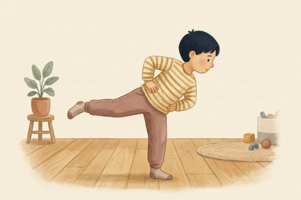 Illustration: Kind balanciert wie eine Seiltänzerin auf einem Bein und streckt das andere Bein nach hinten