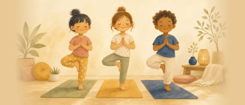 Kinderyoga-Übungen: Illustration von Kindern, die auf Matten gemeinsam die Baum-Figur üben