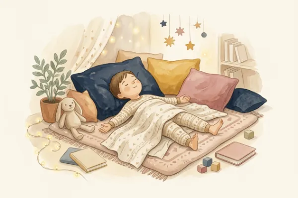 Illustration: Kind liegt entspannt auf Kissen und stellt sich eine weiche Zuckerwatte-Wolke vor
