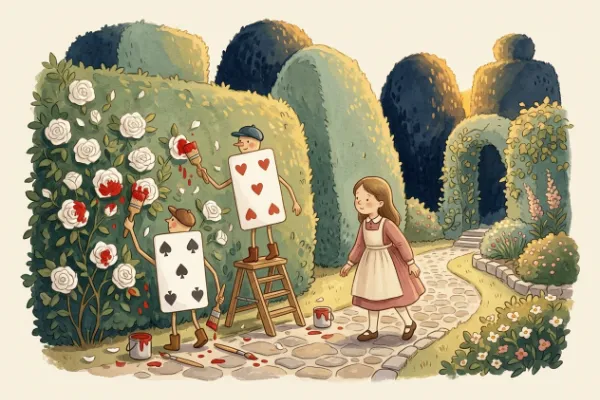 Illustration: Alice im Garten der Herzkönigin, wo Gärtner weiße Rosen rot anmalen