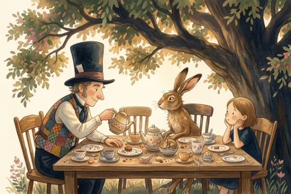 Illustration der verrückten Teegesellschaft mit Hutmacher, Märzhase und schlafender Haselmaus