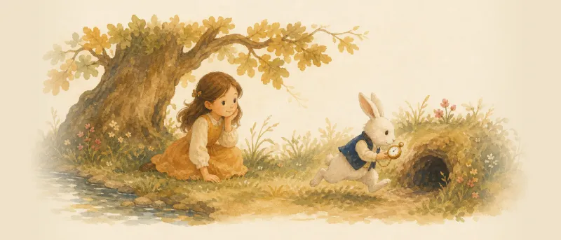 Alice im Wunderland: Illustration eines Mädchens, das einem weißen Kaninchen mit Weste und Taschenuhr hinterherschaut