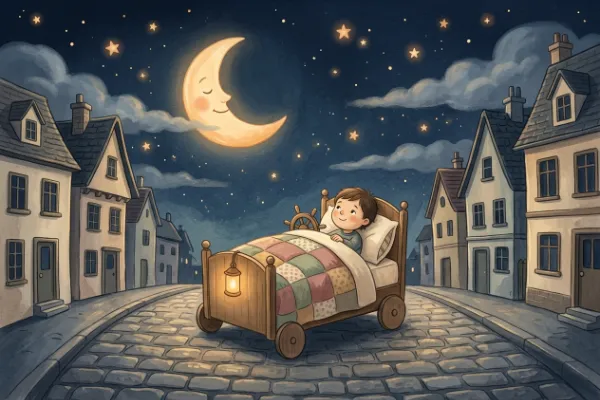 Der Mond leuchtet über den schlafenden Dächern, während ein Rollenbett durch die Straße rollt – zweite Illustration zur Nachtfahrt