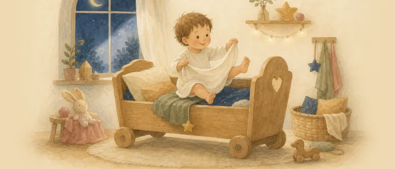 Der kleine Häwelmann liegt wach in seinem Rollenbett und hält sein Hemdchen als Segel – Titelbild zur Nacherzählung