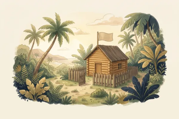 Kinderillustration vom Blockhaus auf der Schatzinsel mit Palisadenzaun und wehender Flagge