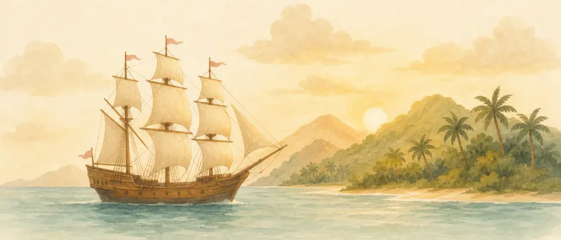 Titelbild zu Die Schatzinsel: ein Segelschiff vor einer bewaldeten Insel im Morgenlicht