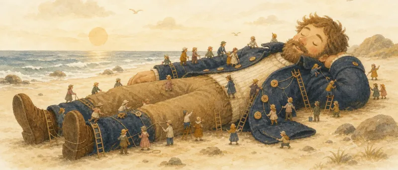 Gullivers Reisen: Gulliver liegt am Strand von Liliput, winzige Menschen klettern über ihn – Illustration zur Nacherzählung