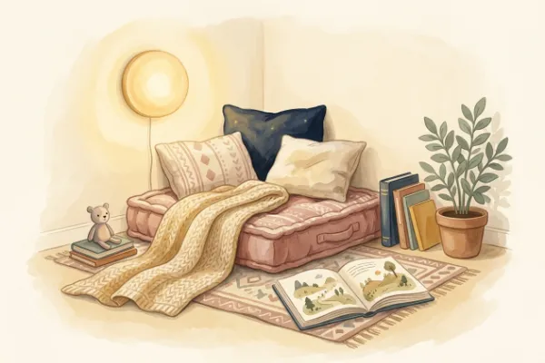 Gemütliche Leseecke mit Decke, Kissen und aufgeschlagenem Bilderbuch – Klassiker zum Vorlesen am Abend
