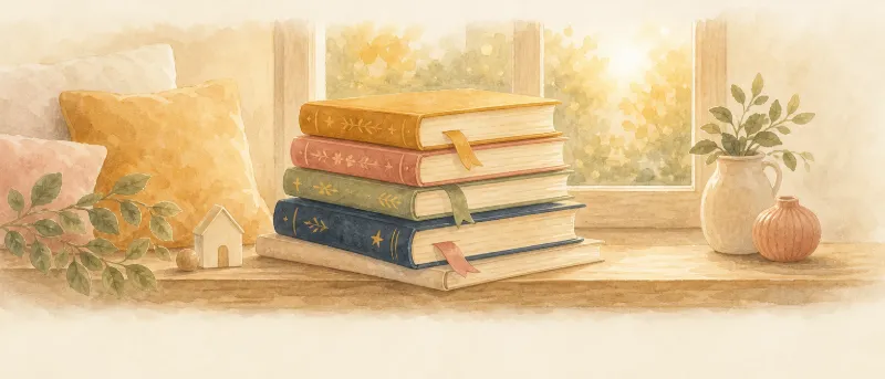 Stapel bunter Kinderbücher mit Lesebändchen vor einem Fenster – Kinderbuch-Klassiker zum Vorlesen und Anhören