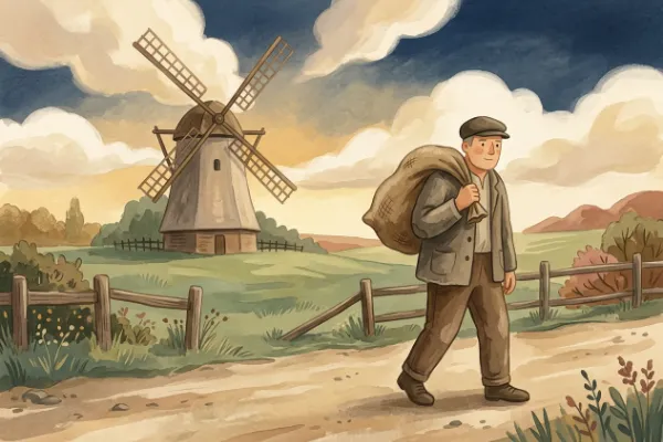 Bauer mit Kornschaufel und großem Leinensack vor einer Windmühle – Illustration zum letzten Streich von Max und Moritz