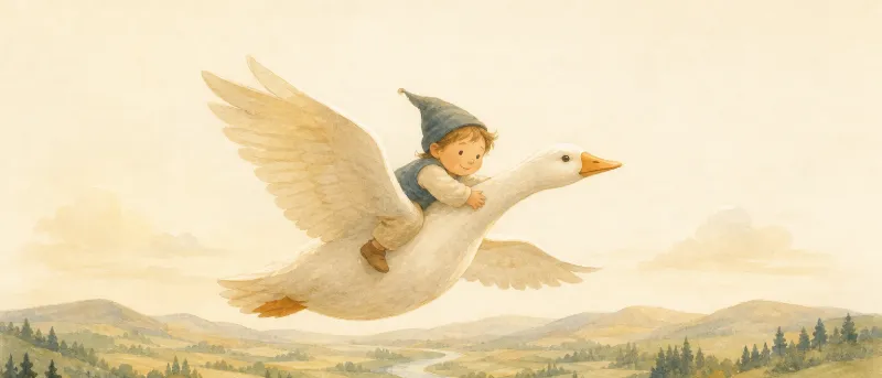 Nils Holgersson reitet als kleiner Wichtel auf einer weißen Gans über Felder und Wälder – Titelbild zur kindgerechten Nacherzählung