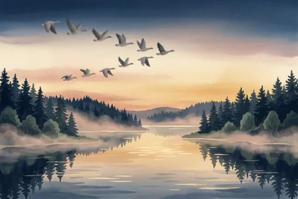 Wildgänse fliegen in Keilformation über einen stillen See in Schweden – Illustration zum Nacherzählen von Nils Holgersson
