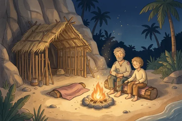 Robinson Crusoe und sein Freund Freitag sitzen abends am Lagerfeuer vor der Höhlenfestung auf der Insel