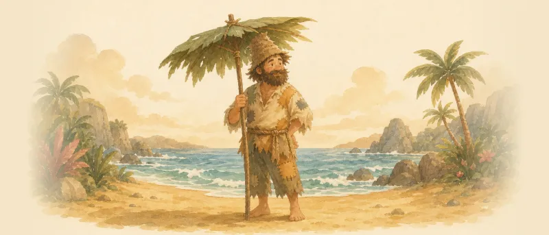 Robinson Crusoe steht mit selbst gebautem Regenschirm und Fellhut auf einer einsamen Insel am Meer – Robinson-Crusoe-Nacherzählung