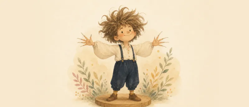 Der Struwwelpeter mit wirrem Haar und langen Nägeln vor hellem Hintergrund – Titelbild zum Kinderbuch-Klassiker Struwwelpeter