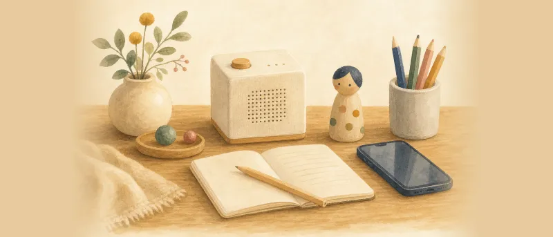 Kreativ-Tonie bespielen: Smartphone, kleine Hörfigur und Notizbuch neben einer weichen Hörbox auf einem Holztisch