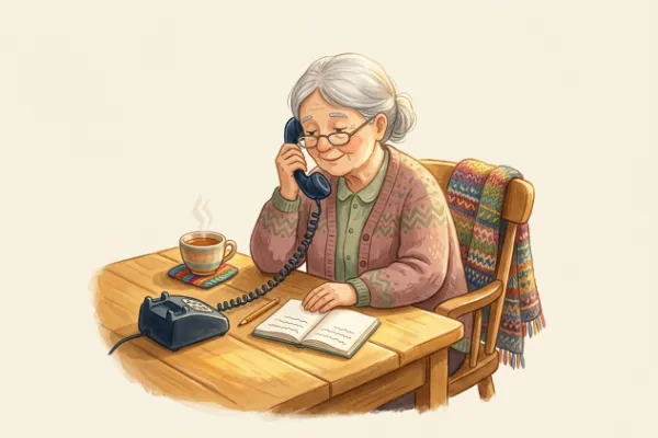 Telefon, Teetasse und karierte Decke auf einem Küchentisch – Symbolbild für Grüße von Oma auf einem Kreativ-Tonie