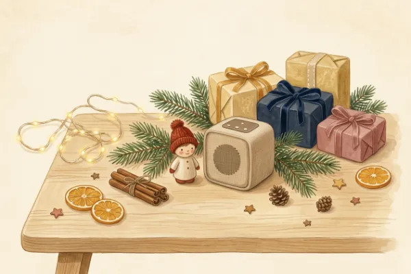 Kleine Figur mit Weihnachtsmütze neben Tannenzweig und Geschenkpapier – Ideen für einen Kreativ-Tonie in der Adventszeit