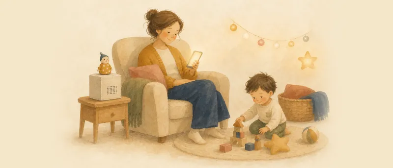 Mutter möchte am Smartphone einen Kreativ-Tonie löschen, neben ihr steht eine Audiobox im gemütlichen Kinderzimmer.