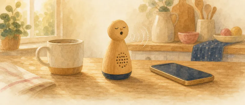 Kreativ-Tonie für Oma: kleine Hörfigur neben einem Smartphone mit Aufnahme-App auf einem Küchentisch