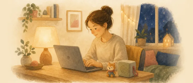Elternteil bereitet am Laptop Audiodateien für eine Kinder-Hörbox vor, daneben eine Hörfigur – Kreativ-Tonie mit Spotify bespielen