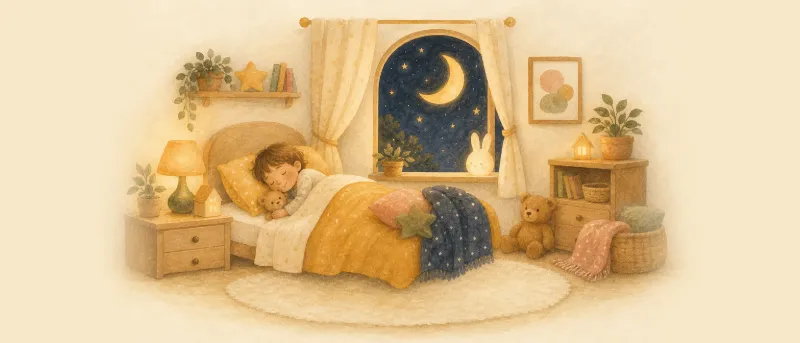 Abendlieder: Kind schläft im Bett, Mond und Sterne scheinen durch das Fenster