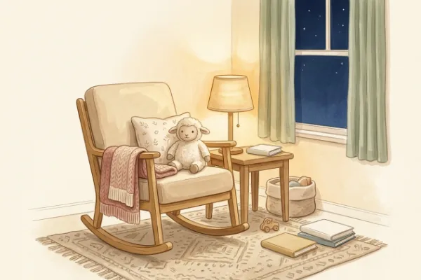 Kuscheltier-Schaf und Kissen im warmen Licht als Illustration zu Abendliedern