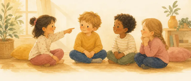 Abzählreime: Illustration von Kindern, die im Kreis sitzen und beim Aufsagen aufeinander zeigen